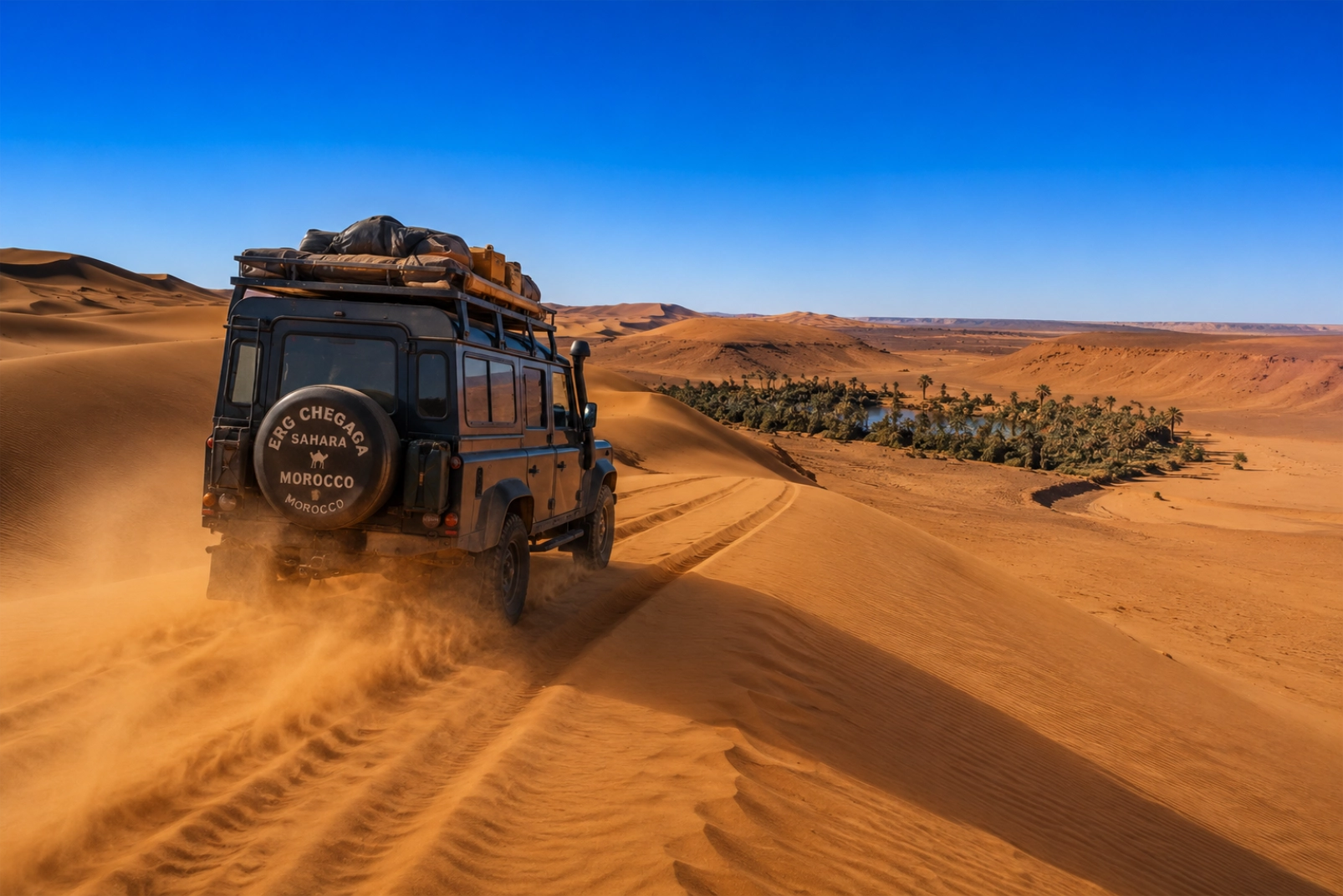 A rugged 4x4 off-road vehicle driving across vast Saharan dunes toward Erg Chigaga, kicking up light sand, deep blue sky, a hidden palm oasis visible in the distance, dynamic adventurous mood, strong midday desert light.