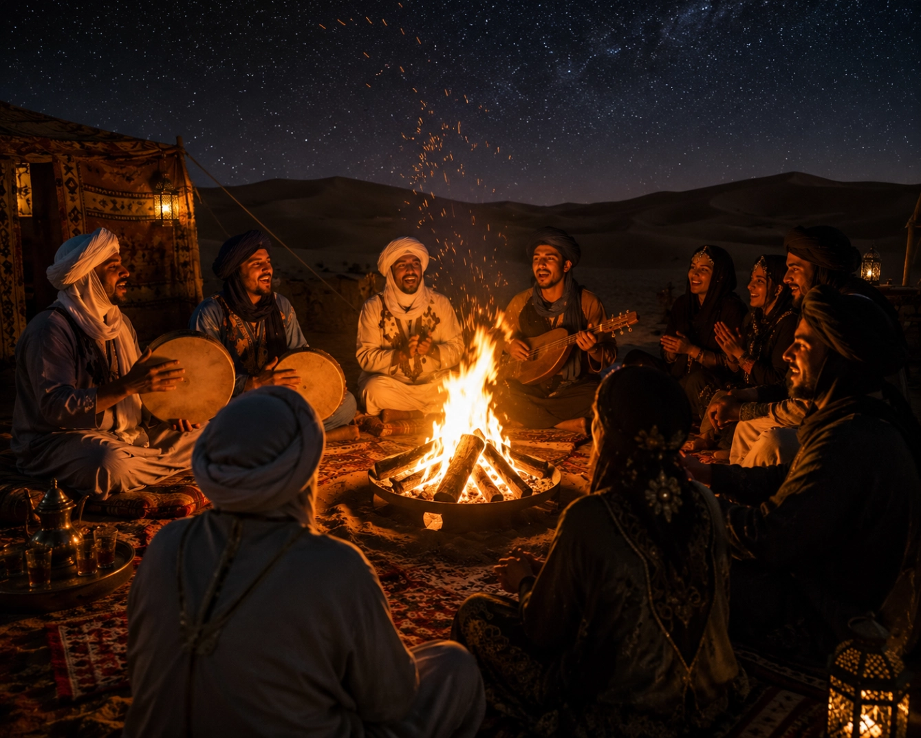 An evening Berber gathering around a glowing bonfire in the desert, musicians playing hand drums and singing, people seated on rugs and cushions, sparks rising into a starry night sky, warm orange firelight illuminating smiling faces, dunes silhouetted in the background.