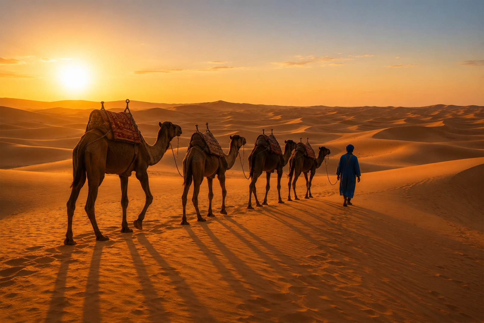 A line of dromedary camels with traditional saddles trekking across golden sand dunes at sunrise, led by a Berber camel master in a blue tagelmust robe, long shadows on the rippled sand, soft warm low-angle sunlight, vast Sahara horizon.