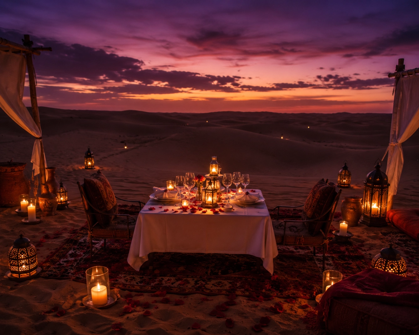 A romantic candlelit dinner for two set among the Sahara dunes at dusk, an intimate table with white linen, glowing lanterns and candles, two place settings, scattered rose petals and woven rugs on the sand, soft purple-and-gold twilight sky, deeply romantic atmosphere.