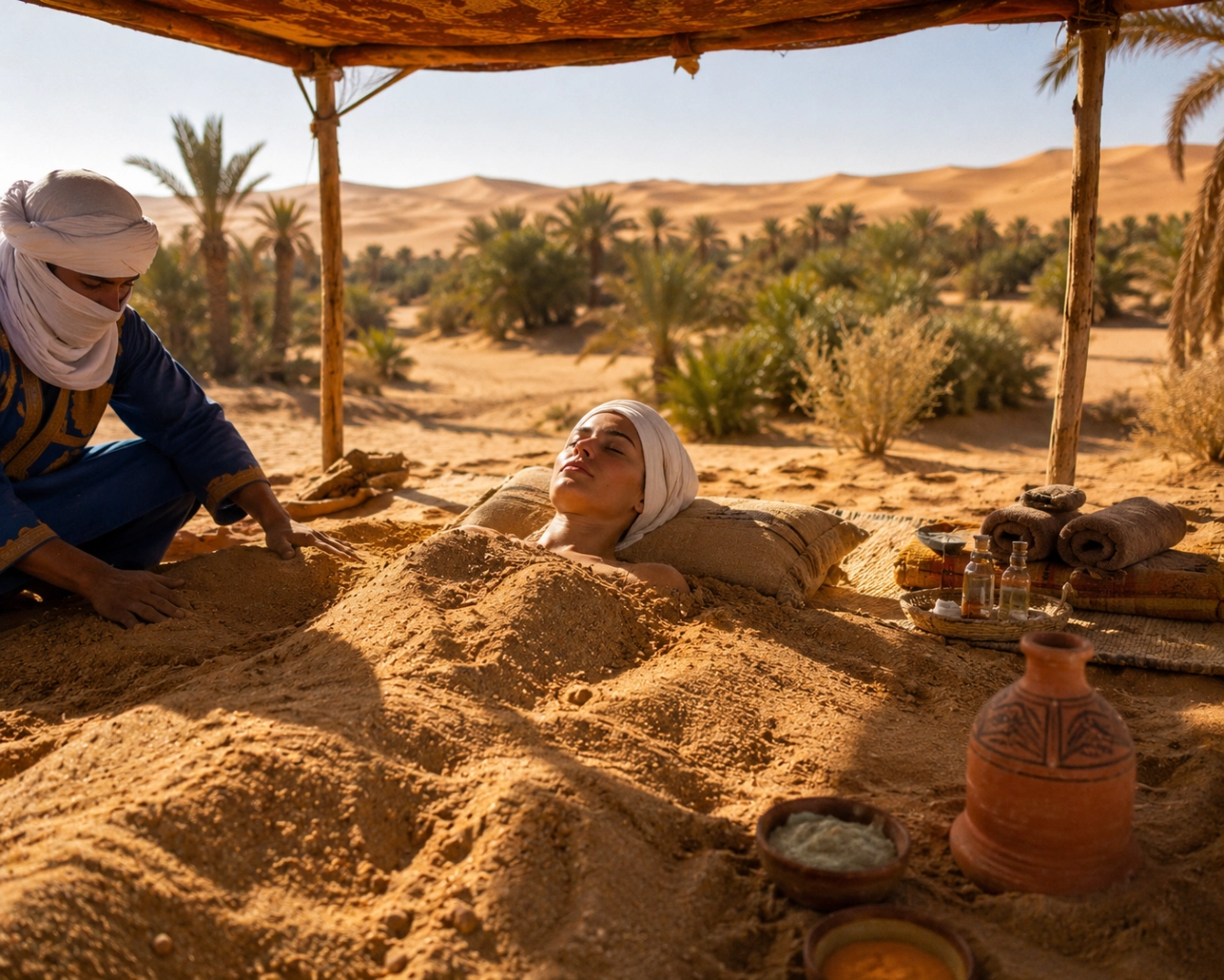 A traditional Saharan sand-bath therapy scene, a person reclining and gently buried up to the chest in warm golden mineral-rich desert sand, a shaded canopy overhead, serene wellness atmosphere, soft natural light, calm and restorative mood.
