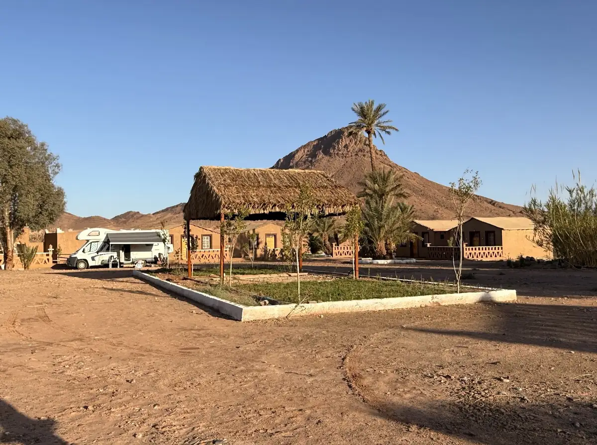 La palmeraie avec un bar-restaurant ouvert sous les palmiers.