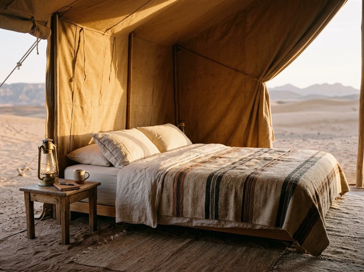Linen bed inside a canvas desert camp at dawn in Zagora