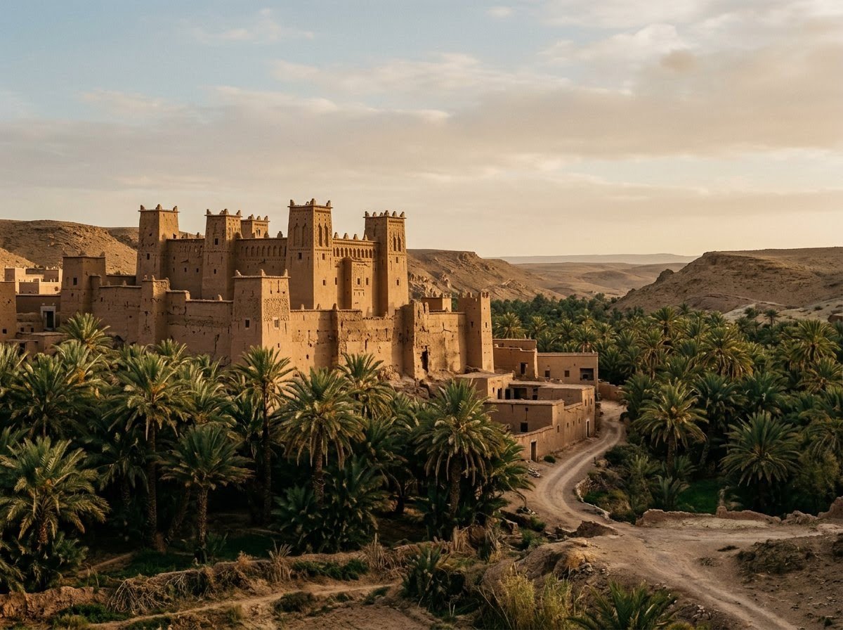 Earthen kasbah among the date palms of the Draa Valley
