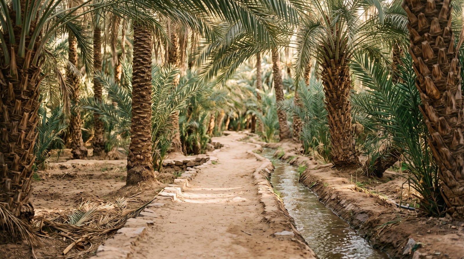 Date-palm oasis and irrigation channel in the Draa Valley, Morocco