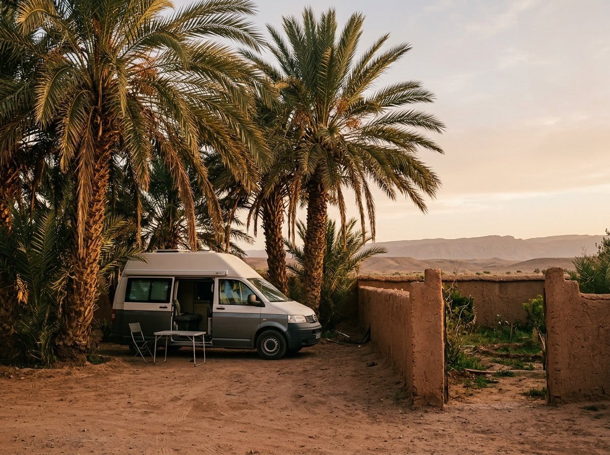 Un camping-car garé pour la nuit sous des palmiers-dattiers près de Zagora