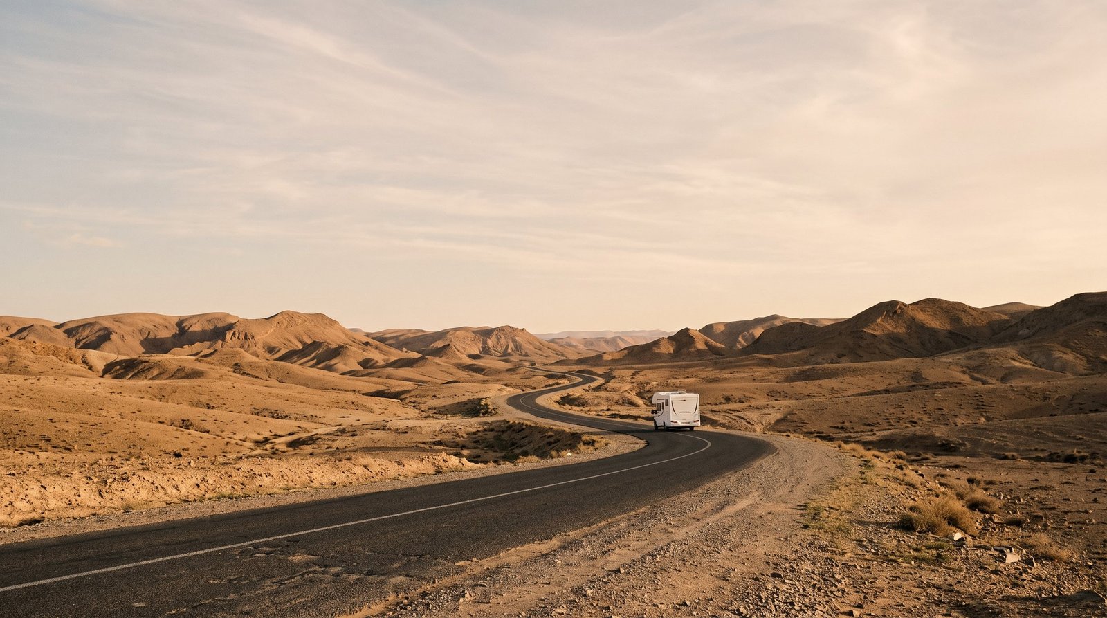 Un camping-car sur la route goudronnée du désert vers Zagora, au Maroc