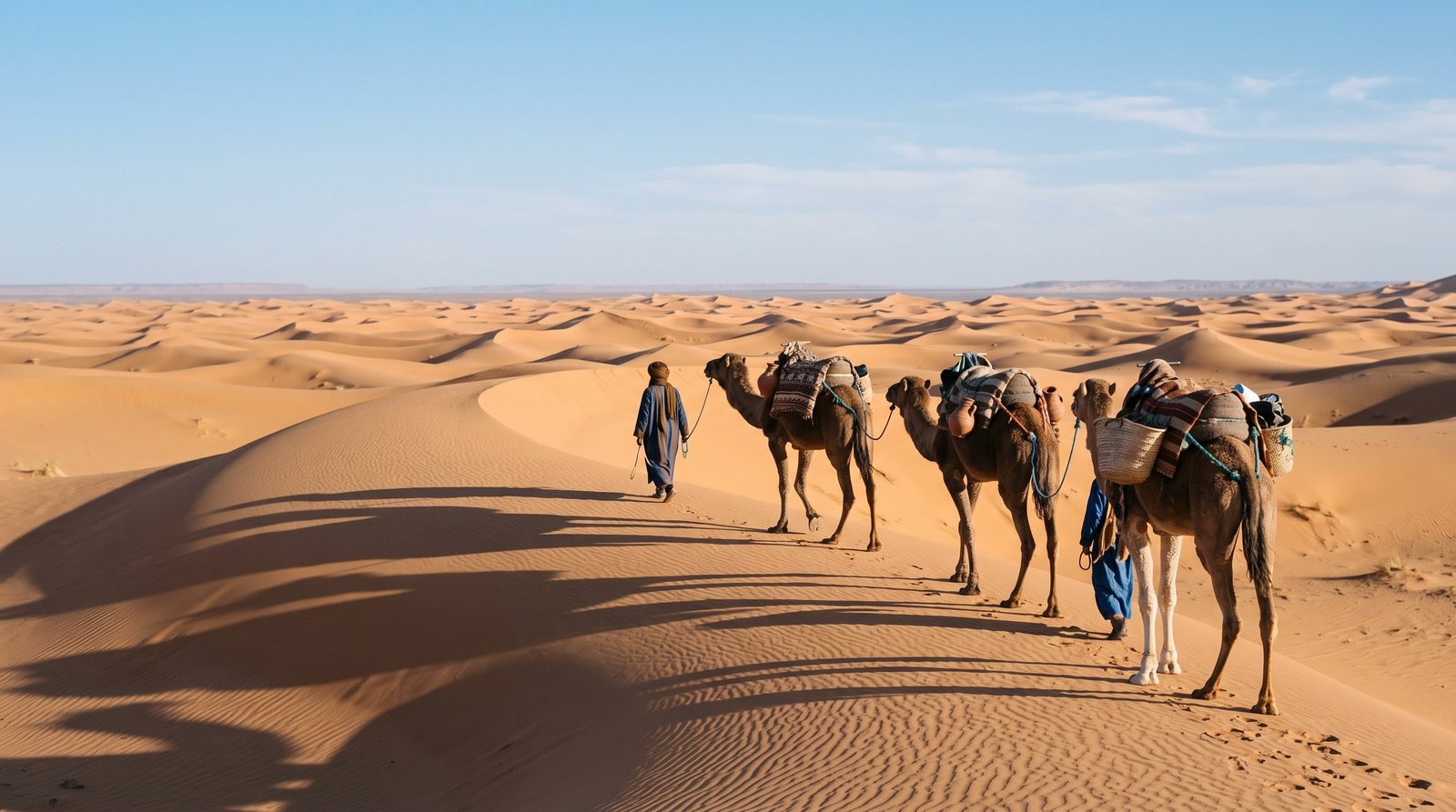 Camel caravan crossing the dunes of the Sahara in Morocco at sunset
